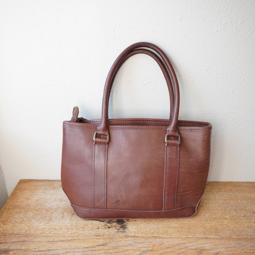 Vintage L.L. Bean Brown Leather Small Tote Bag Zip Top Handbag Coastal Chic Worn